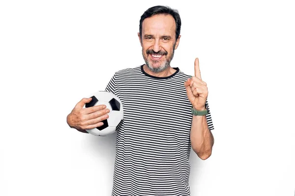 Middle Age Handsome Player Man Playing Soccer Holding Football Ball — Stock Photo, Image