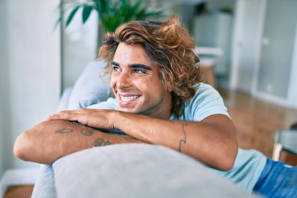 Young Hispanic Man Smiling Happy Sitting Sofa Home — Stock Photo, Image