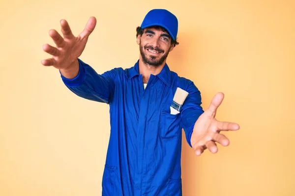 Handsome Young Man Curly Hair Bear Wearing Builder Jumpsuit Uniform — Stock Photo, Image