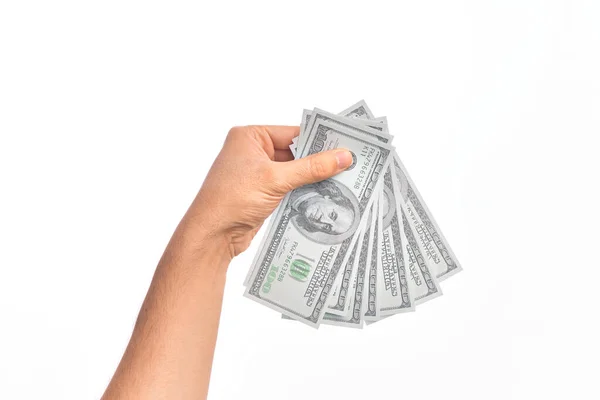 Mão Jovem Caucasiano Segurando Monte Notas Dólares Sobre Fundo Branco — Fotografia de Stock