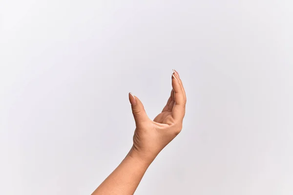 Mão Mulher Branca Jovem Pegar Tomar Coisa Invisível Segurando Objeto — Fotografia de Stock