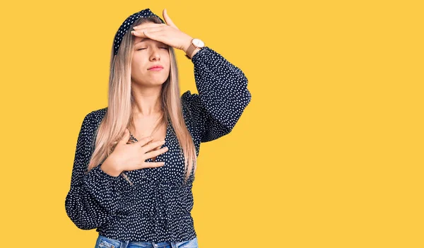 Young Beautiful Blonde Woman Wearing Casual Clothes Touching Forehead Illness — Stock Photo, Image