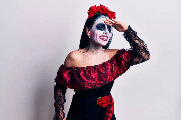 Mladá Žena Mexickém Dni Mrtvých Make Upu Velmi Šťastná Usmívá — Stock fotografie