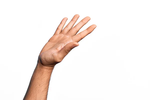 Hand Caucasian Young Man Showing Fingers Isolated White Background Presenting — Stock Photo, Image