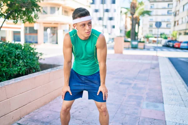 Young Hispanic Sportsman Exhausted Standing Street City — Stock Photo, Image