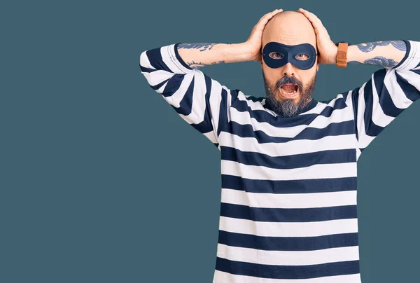 Young Handsome Man Wearing Burglar Mask Crazy Scared Hands Head — Stock Photo, Image