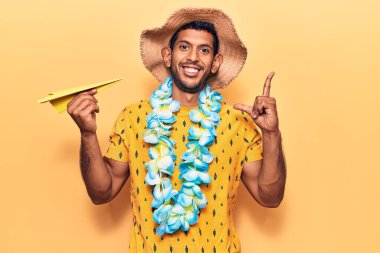Yaz şapkası takan genç latin adam ve elinde kağıt uçak tutan Hawaii zambağı bir fikir ya da soru işareti ile şaşırdı. 