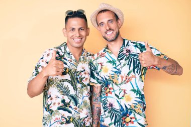 Yaz şapkası takan iki genç eşcinsel erkek ve Hawaii tişörtü başarı işareti. Elleriyle olumlu jest yapıyorlar. Gülümsüyorlar ve mutlular. Neşeli ifade ve kazanan jest. 