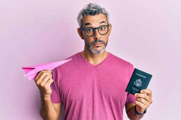 Middle Age Grey Haired Man Holding Paper Plane Passport Clueless — Stock Photo, Image