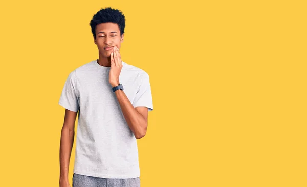 Young African American Man Wearing Casual Clothes Touching Mouth Hand — Stock Photo, Image