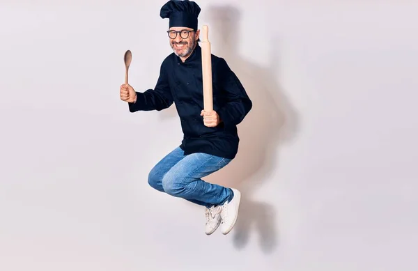 Middle Age Handsome Hispanic Man Wearing Glasses Cook Uniform Smiling — Stock Photo, Image