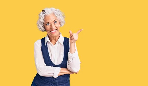 Senior Grey Haired Woman Wearing Casual Clothes Smiling Happy Pointing — Stock Photo, Image