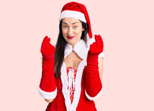 Joven Hermosa Mujer Caucásica Vistiendo Traje Santa Claus Haciendo Gesto — Foto de Stock