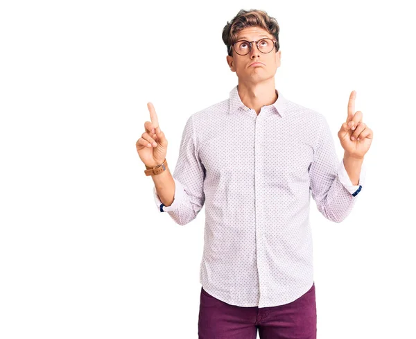 Young Handsome Man Wearing Business Clothes Glasses Pointing Looking Sad — Stock Photo, Image