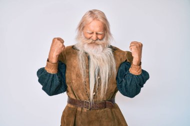 Gri saçlı, uzun sakallı, Viking kostümü giyen yaşlı bir adam. Çok mutlu ve heyecanlı. Kolları havada, gülümseyen ve başarı için çığlık atan bir zafer hareketi yapıyor. kutlama konsepti. 