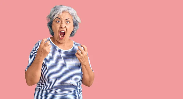 Senior Woman Gray Hair Wearing Casual Striped Clothes Angry Mad — Stock Photo, Image