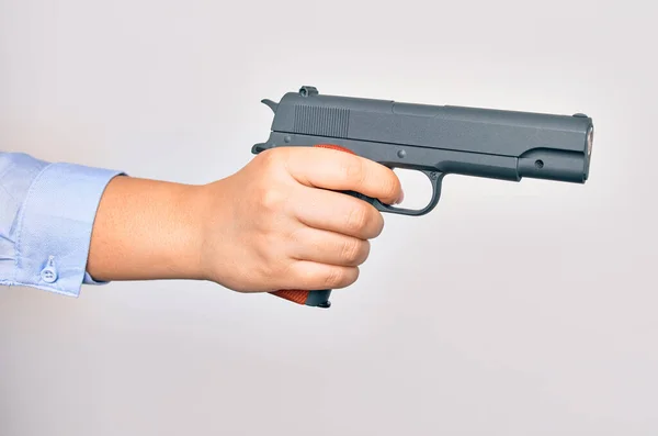 Hand Caucasian Young Woman Holding Gun Isolated White Background — Stock Photo, Image