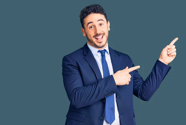 Young Hispanic Man Wearing Business Clothes Smiling Looking Camera Pointing — Stock Photo, Image