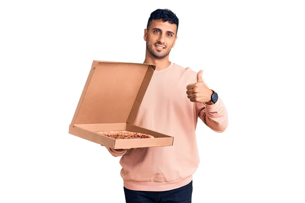 Young Hispanic Man Holding Delivery Pizza Box Smiling Happy Positive — Stock Photo, Image