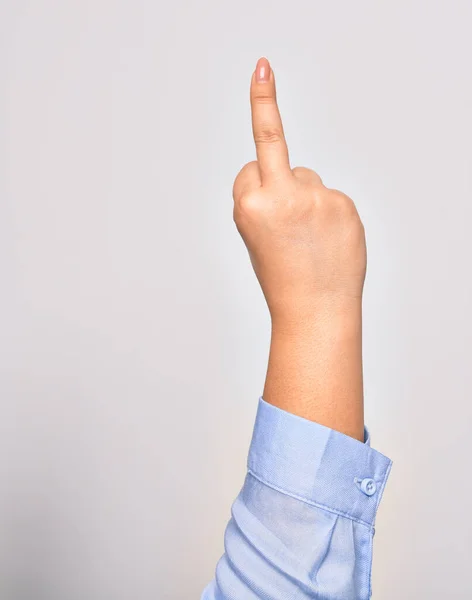 Hand Caucasian Young Woman Doing Fuck You Sign Middle Finger — Stock Photo, Image