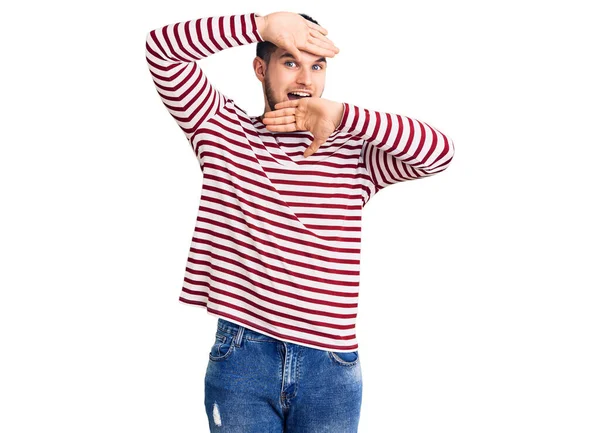 Young Handsome Man Wearing Striped Sweater Smiling Cheerful Playing Peek — Stock Photo, Image