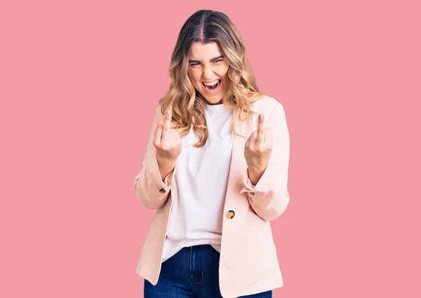 Young Caucasian Woman Wearing Business Clothes Showing Middle Finger Doing — Stock Fotó