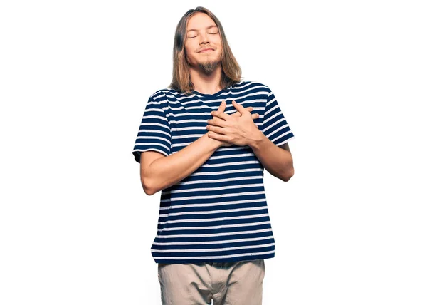 Handsome Caucasian Man Long Hair Wearing Casual Striped Shirt Smiling — Stock Photo, Image