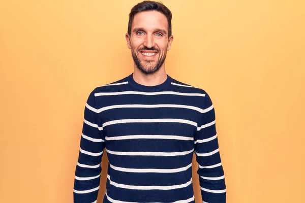 Young Handsome Man Wearing Casual Striped Sweater Standing Isolated Yellow — Stock Photo, Image