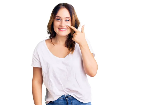 Young Beautiful Caucasian Woman Wearing Casual White Tshirt Pointing Hand — Stock Photo, Image