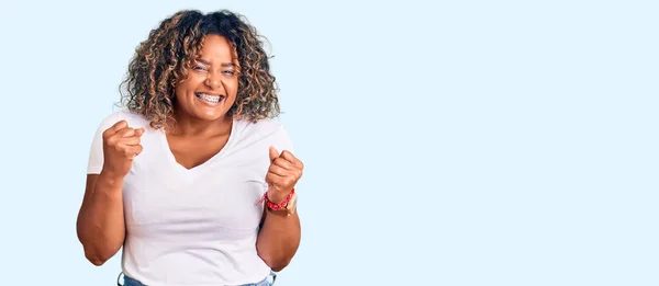 Young African American Size Woman Wearing Casual Clothes Excited Success — Stock Photo, Image