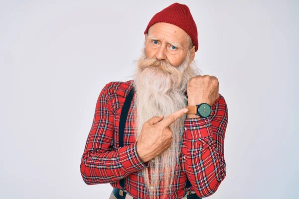 Old Senior Man Grey Hair Long Beard Wearing Hipster Look — Stock Photo, Image