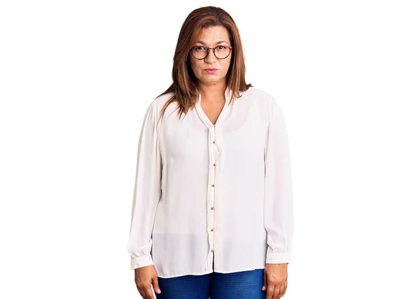 Middle Age Latin Woman Wearing Casual Clothes Glasses Skeptic Nervous — Stock Photo, Image