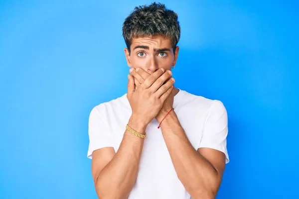 Young Handsome Man Wearing Casual White Shirt Shocked Covering Mouth — Stock Photo, Image