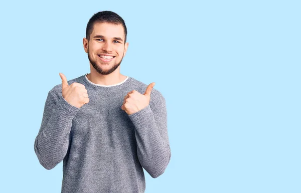 Young Handsome Man Wearing Casual Sweater Success Sign Doing Positive — Stock Photo, Image