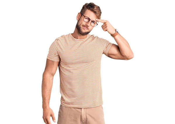 Young Caucasian Man Wearing Casual Clothes Glasses Pointing Unhappy Pimple — Stock Photo, Image