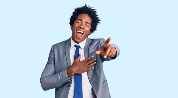 Handsome African American Man Afro Hair Wearing Business Jacket Laughing — Stock Photo, Image