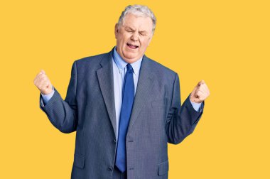 Kıdemli gri saçlı, iş ceketi giyen çok mutlu ve heyecanlı bir adam. Kolları havada, gülümseyen ve başarı için çığlık atan, kazanan bir jest yapıyor. kutlama konsepti. 