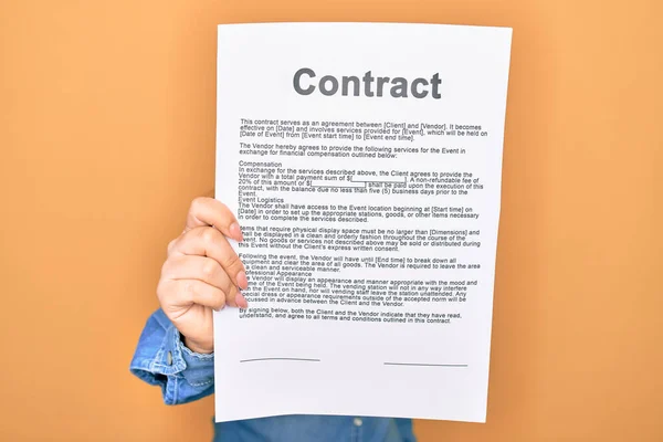 Woman Holding Contract Document Paper Standing Isolated Yellow Background — Stock Photo, Image