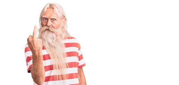 Old Senior Man Grey Hair Long Beard Wearing Striped Tshirt — 图库照片