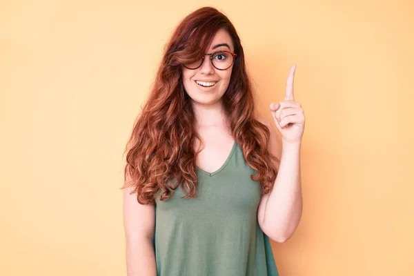 Young Beautiful Woman Wearing Casual Clothes Glasses Pointing Finger Successful — Stock Photo, Image