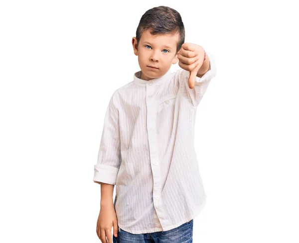 Zarif Gömlek Giyen Sevimli Sarışın Çocuk Mutsuz Görünüyor Reddediliyor Olumsuz — Stok fotoğraf
