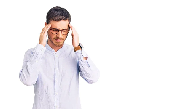 Handsome Young Man Bear Wearing Elegant Business Shirt Glasses Hand — Stock Photo, Image