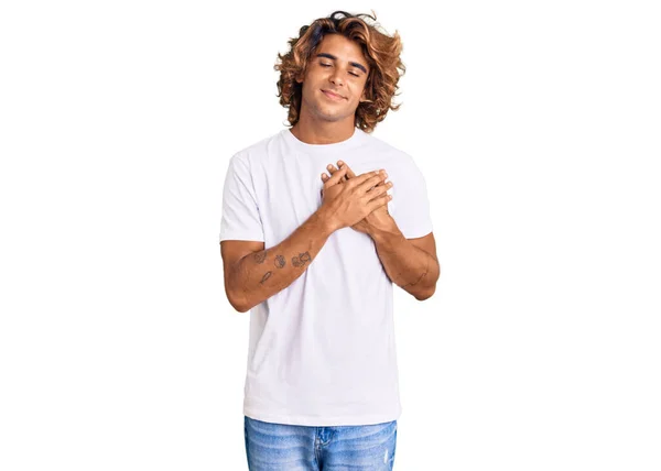 Young Hispanic Man Wearing Casual White Tshirt Smiling Hands Chest — Stock Photo, Image