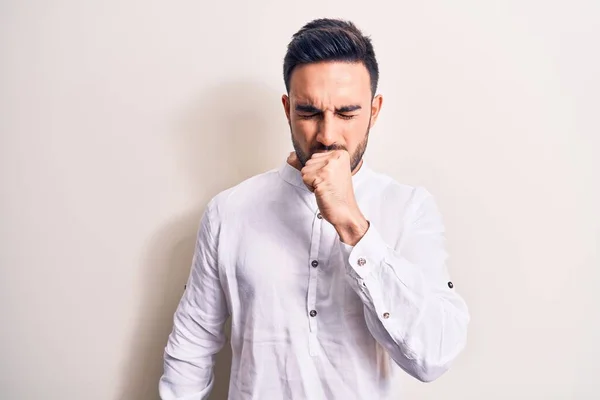 Young Handsome Man Beard Wearing Casual Shirt Standing White Background — Stock Photo, Image