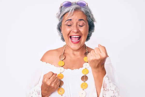 Senior Hispanic Grey Haired Woman Wearing Casual Hippie Clothes Celebrating — Stock Photo, Image