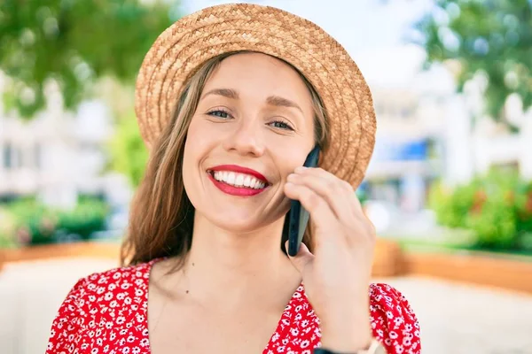 Young Blonde Woman Vacation Smiling Happy Talking Smartphone Street City — Stock Photo, Image