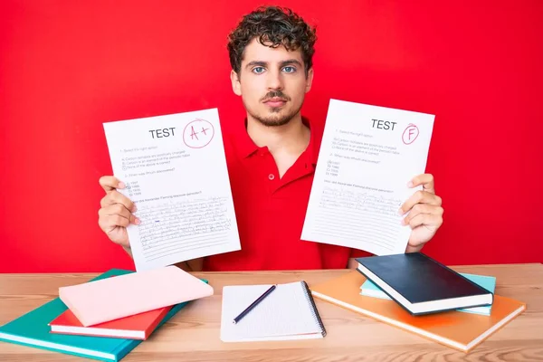 Ung Kaukasisk Man Med Lockigt Hår Visar Godkänd Examen Sitter — Stockfoto