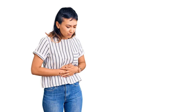 Mujer Joven Que Usa Ropa Casual Con Mano Estómago Porque — Foto de Stock