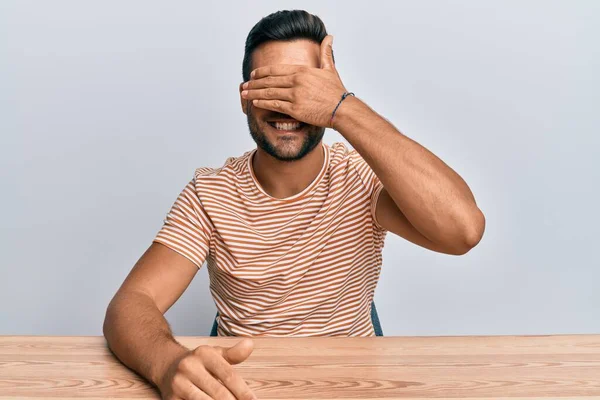 Handsome Hispanic Man Wearing Casual Clothes Sitting Table Smiling Laughing — Stock Photo, Image