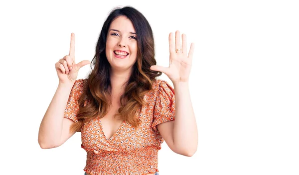 Beautiful Young Brunette Woman Wearing Casual Clothes Showing Pointing Fingers — Stock Photo, Image